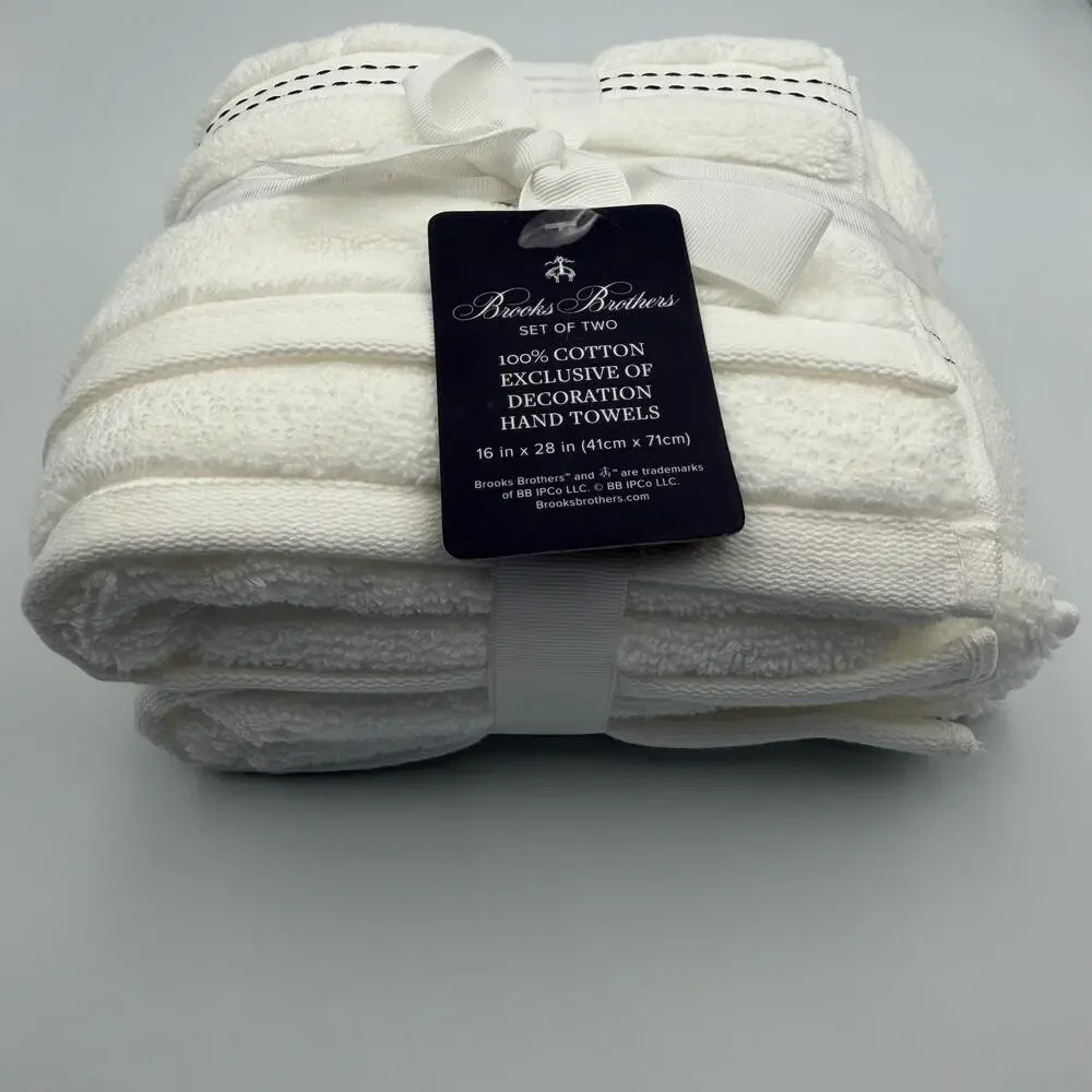 Brooks Brothers 100% Cotton Hand Towel Set 2 White Black Stitch 16x28